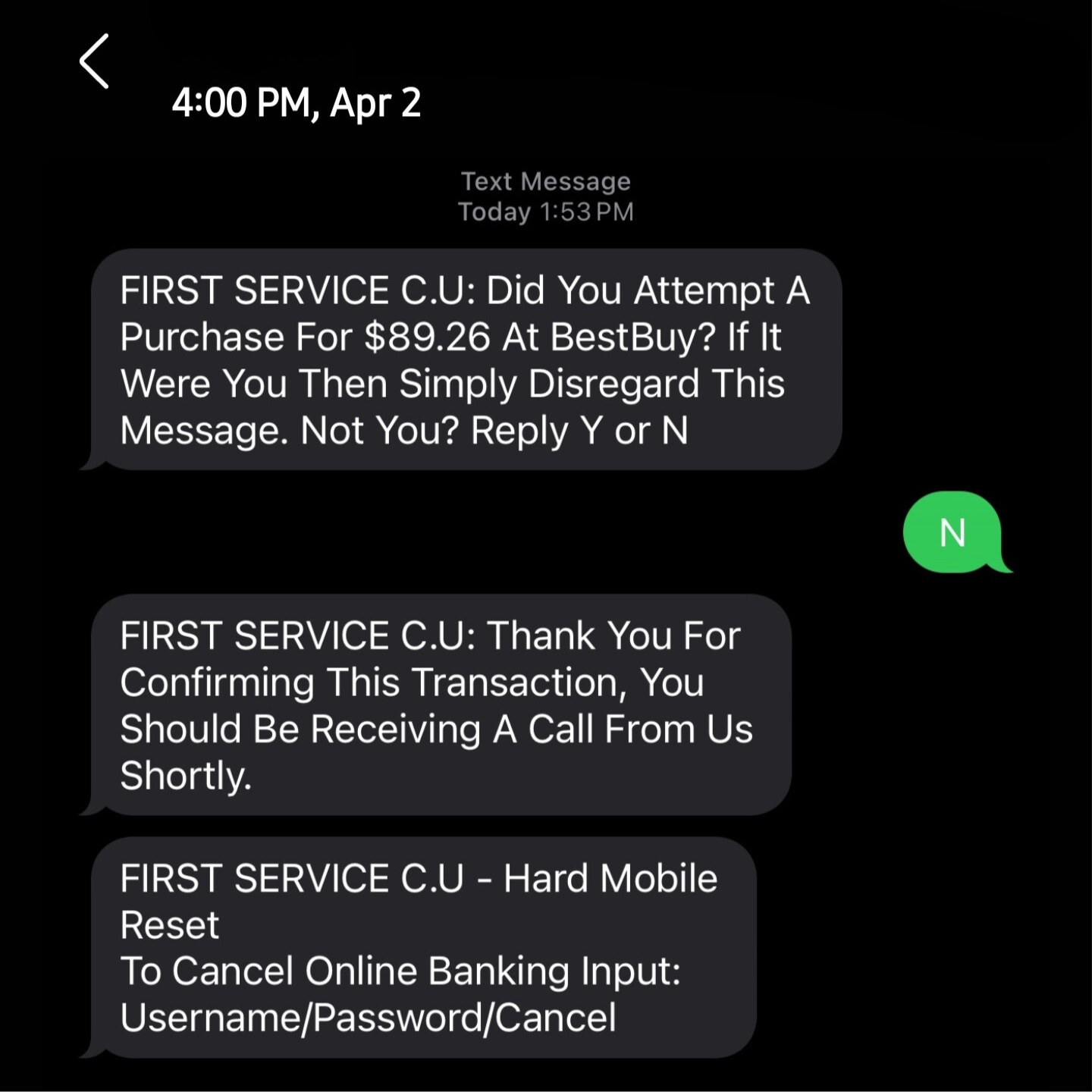 image of scam text message